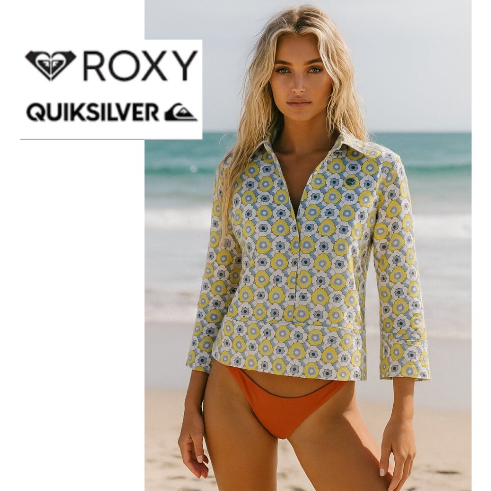 Vintage Fashion Quicksilver Roxy Life Long Sleeve Floral Half-Way Zip Up Top